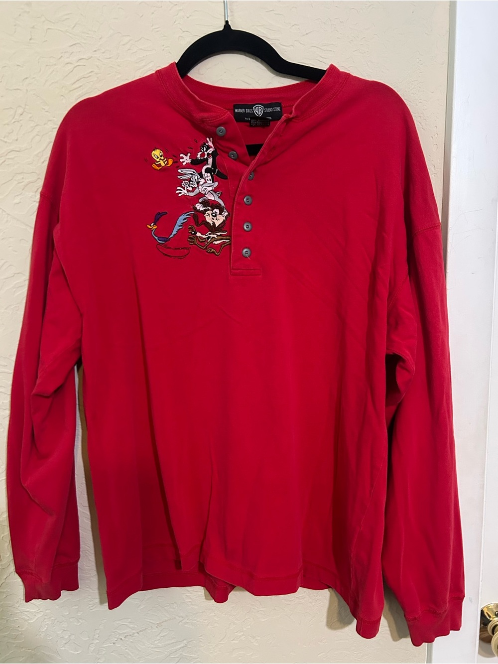 Vintage 90s Warner Bros studio Red Henley Top with Embroidered Looney Toons